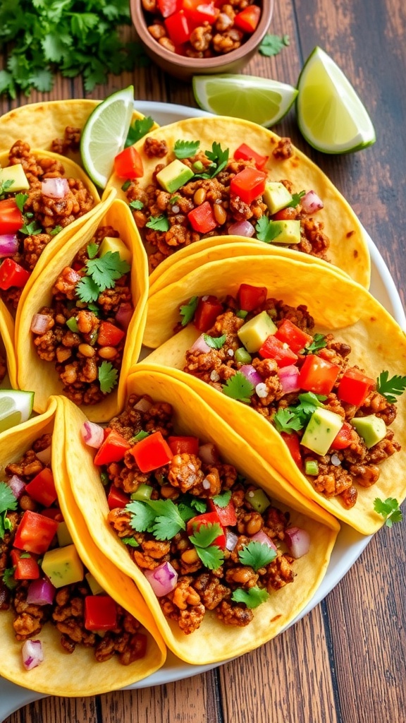 A colorful plate of spicy lentil tacos with fresh toppings on a rustic wooden table.